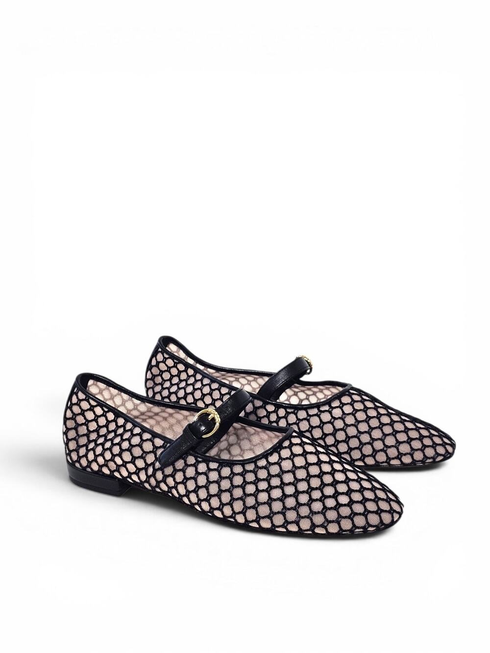 Ulla Johnson Isobel Mesh Mary Jane Ballet Flats Black Leather Trim EU 37 US 7